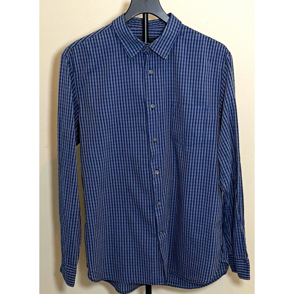 John Varvatos U.S.A. Woven Check Button-Up Shirt Blue L Long Sleeve Cotton EUC